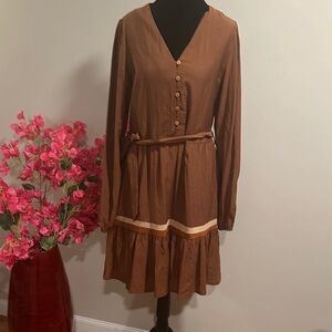 Women’s Brown Long Sleeve Belted V-Neck Dress